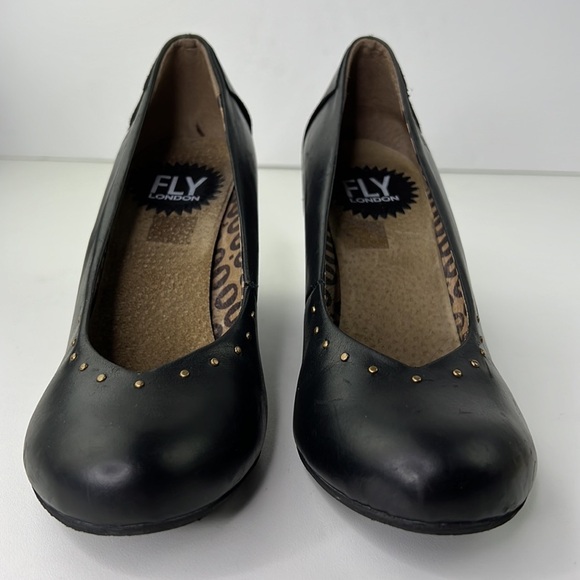FLY LONDON Black Leather Wedge Shoe with Gold Bead Detail - Picture 2 of 13